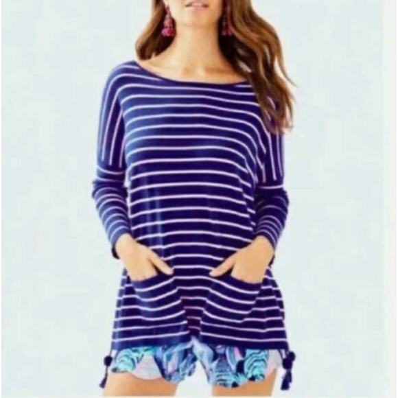 LILLY PULITZER Twilight Blue Coastal Shell Stripe Elba Tassel Sweater Size S - Picture 1 of 11